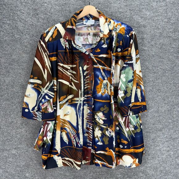 Top Notch Tops - Top Notch Shirt Women 3X Plus Brown Geometric Button Up Collared 3/4 Sleeve